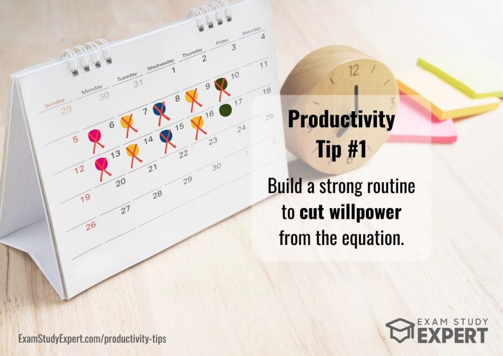 calendar with text on building a strong routine as a top productivity tip