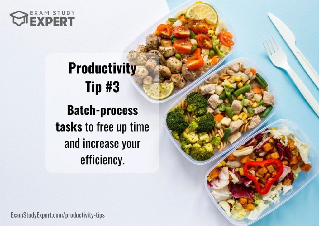 prepped lunches with text for productivity tip 3: batch-process your tasks 