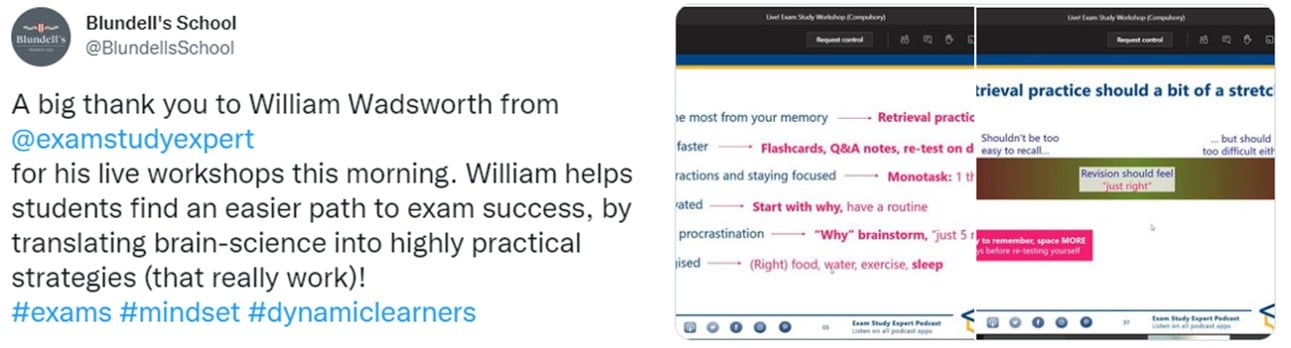 Revision workshop feedback: @BlundellsSchool tweets "A big thank you to William Wadsworth from exam study expert for his live workshops this morning. William helps students find an easier path to exam success by translating brain science into highly practical strategies (that really work!)"