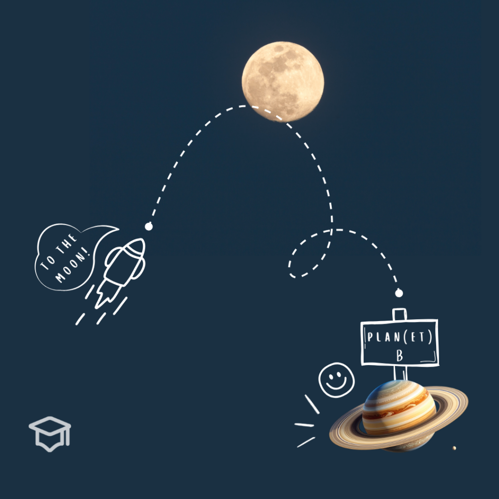 cartoon image of tiny rocket ship shooting for the moon and landing on Plan(et) B instead